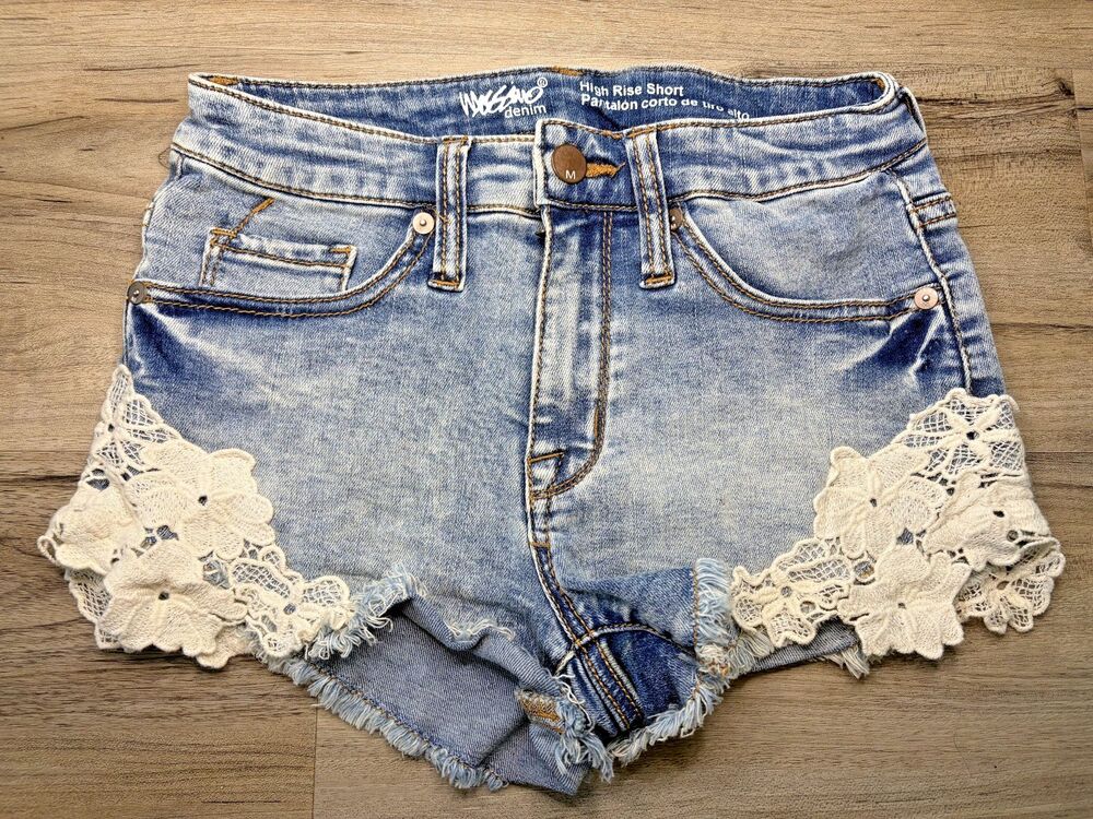 Mossimo Juniors Jean Denim High Rise Shorts White Lace Size 0/25 Super Stretch